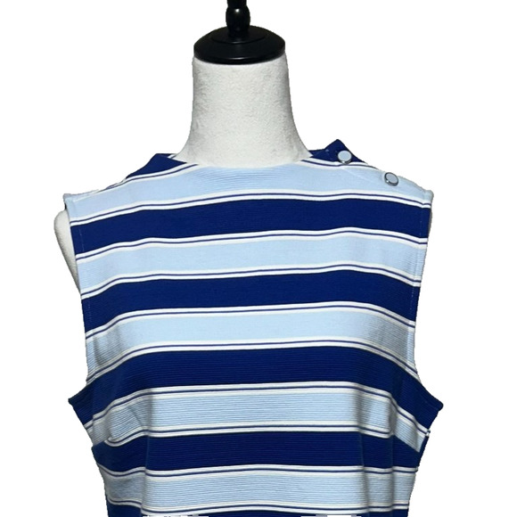 Talbots Top Womens Large Blue White Stripe Textured Button Shoulder Stretch - Picture 1 of 10